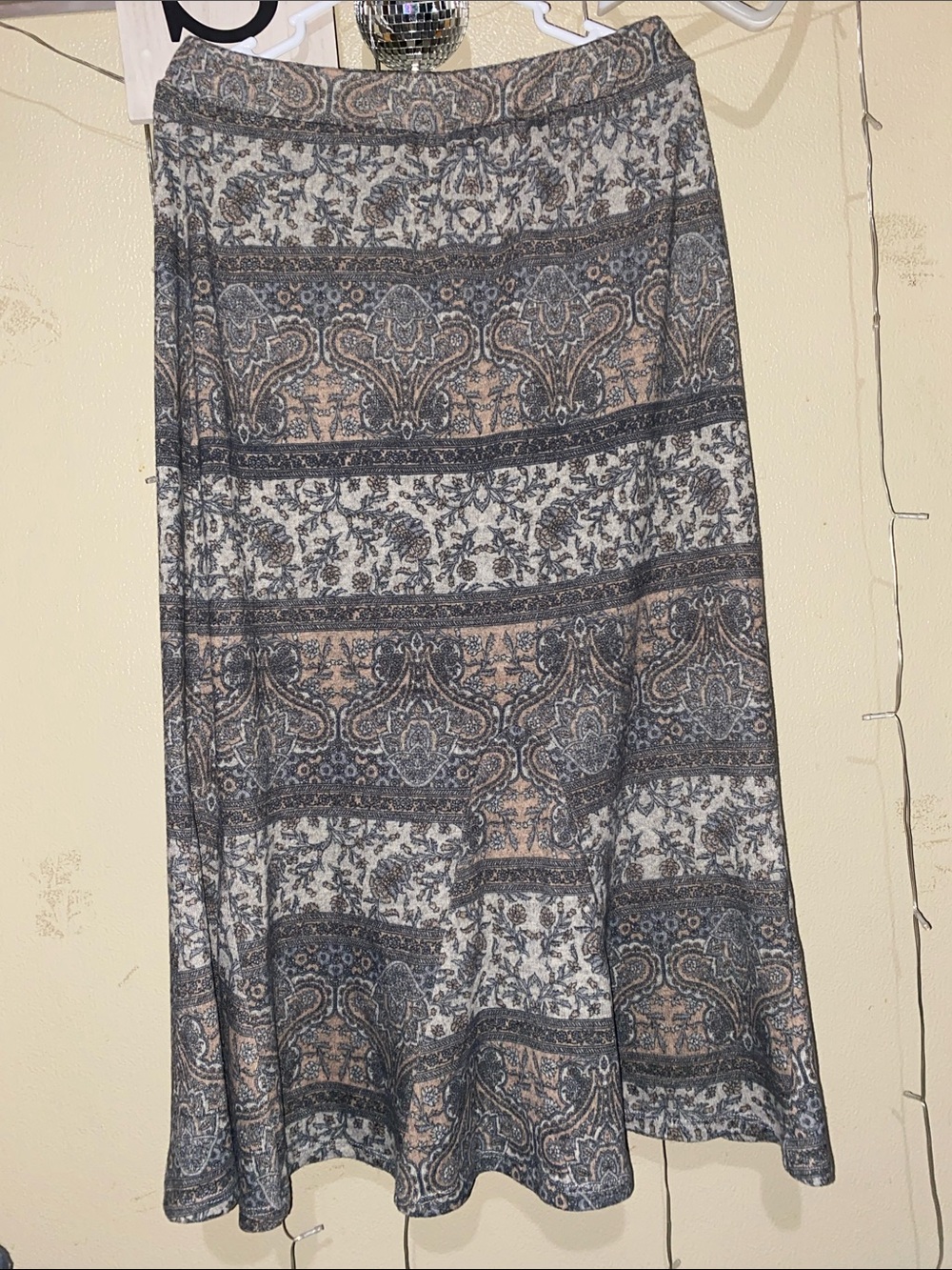 Chadwicks Maxi Skirt in Gray, Cream, Brown Paisley
